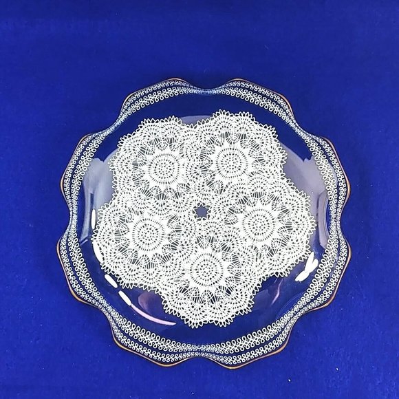 Glass Platter Gold Ruffled Rim Printed White Doily Pattern Vintage 10" Diameter - Picture 3 of 7